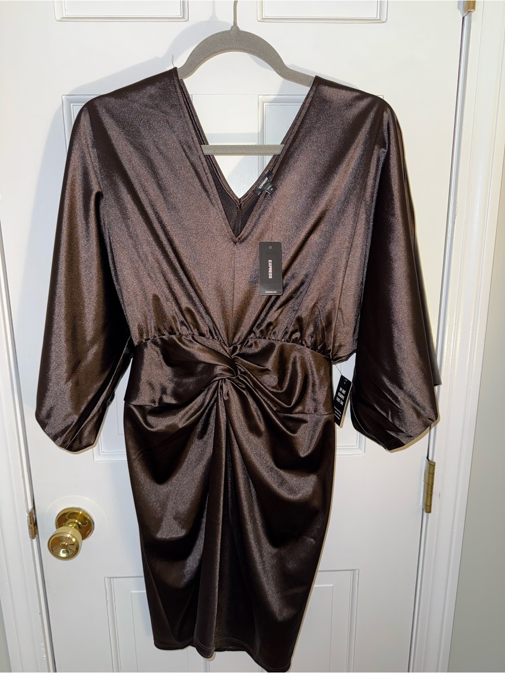 Express Brown Satin V-Neck Dress with Twist Waist (Never Worn)